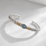 Blue Green Stone Vintage Engraved Cuff Bracelet Unisex