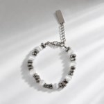 White Cat Eye Silver Beaded Bracelet Adjustable Unisex