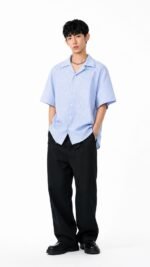 Unisex Blue & White Fine-Stripe Short-Sleeve Shirt 💙 Korean-Style Loose-Fit Button-Up | Lightweight, Versatile Casual Summer Top - Image 5