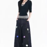 Unisex Floral Embroidered Wide Leg Jeans 🌸 High Waist Baggy Denim Pants | Korean Y2K Streetwear