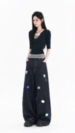 Unisex Floral Embroidered Wide Leg Jeans 🌸 High Waist Baggy Denim Pants | Korean Y2K Streetwear