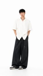 Unisex Textured Wide Leg Pants 🤍 High Waist Loose Casual Trousers | Korean Minimalist Streetwear - Image 3