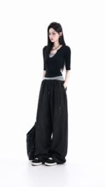 Unisex Textured Wide Leg Pants 🤍 High Waist Loose Casual Trousers | Korean Minimalist Streetwear - Image 2
