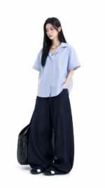 Unisex Blue & White Fine-Stripe Short-Sleeve Shirt 💙 Korean-Style Loose-Fit Button-Up | Lightweight, Versatile Casual Summer Top