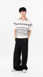 Unisex Vintage Fair Isle Knit Polo 🤍 Short Sleeve Sweater | Korean Preppy Casual Top - Image 4