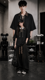 Unisex trendy gray streetwear set 🩶 Strap up oversized T-shirt and wide leg pants | Korean Y2K casual fashion two-piece set - Image 6