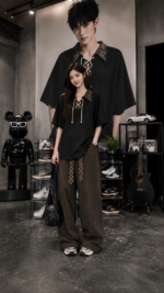 Unisex trendy gray streetwear set 🩶 Strap up oversized T-shirt and wide leg pants | Korean Y2K casual fashion two-piece set - Image 5