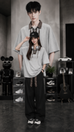 Unisex trendy gray streetwear set 🩶 Strap up oversized T-shirt and wide leg pants | Korean Y2K casual fashion two-piece set - Image 7
