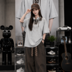 Unisex trendy gray streetwear set 🩶 Strap up oversized T-shirt and wide leg pants | Korean Y2K casual fashion two-piece set