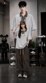 Unisex trendy gray streetwear set 🩶 Strap up oversized T-shirt and wide leg pants | Korean Y2K casual fashion two-piece set