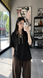 Unisex trendy gray streetwear set 🩶 Strap up oversized T-shirt and wide leg pants | Korean Y2K casual fashion two-piece set - Image 2