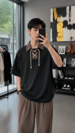 Unisex trendy gray streetwear set 🩶 Strap up oversized T-shirt and wide leg pants | Korean Y2K casual fashion two-piece set - Image 3