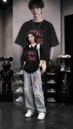 Male and female Y2K graffiti street outfit set 🖤  Oversized T-shirt and corrugated loose jeans | Harajuku style casual wear - Image 4