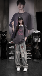 Male and female Y2K graffiti street outfit set 🖤  Oversized T-shirt and corrugated loose jeans | Harajuku style casual wear - Image 2