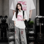 Male and female Y2K graffiti street outfit set 🖤  Oversized T-shirt and corrugated loose jeans | Harajuku style casual wear