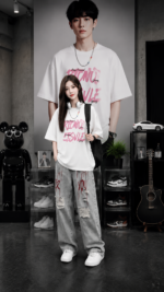 Male and female Y2K graffiti street outfit set 🖤  Oversized T-shirt and corrugated loose jeans | Harajuku style casual wear