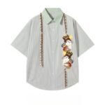 Cute Japanese-style embroidered doll short-sleeved shirt 🧸 Unisex loose striped shirt｜Preppy style, casual and versatile for summer - Image 3