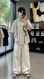 Cute Japanese-style embroidered doll short-sleeved shirt 🧸 Unisex loose striped shirt｜Preppy style, casual and versatile for summer - Image 5