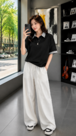 Korean style color-blocked plaid collared polo shirt 🖤 Unisex loose-fitting short-sleeved top｜Clean Fit minimalist casual style - Image 2