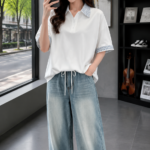 Korean style color-blocked plaid collared polo shirt 🖤 Unisex loose-fitting short-sleeved top｜Clean Fit minimalist casual style