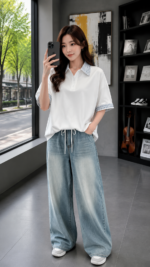 Korean style color-blocked plaid collared polo shirt 🖤 Unisex loose-fitting short-sleeved top｜Clean Fit minimalist casual style