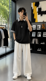 Korean style color-blocked plaid collared polo shirt 🖤 Unisex loose-fitting short-sleeved top｜Clean Fit minimalist casual style - Image 4