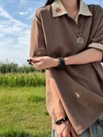 Unisex Japanese Linen Look Polo Shirt 🤎 Contrast Collar Embroidered Relaxed Fit Short Sleeve Tee | Vintage Casual Summer Top - Image 6