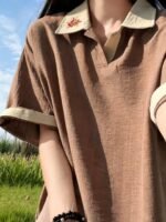 Unisex Japanese Linen Look Polo Shirt 🤎 Contrast Collar Embroidered Relaxed Fit Short Sleeve Tee | Vintage Casual Summer Top - Image 7