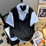 Unisex Korean Layered Striped Shirt 💙 V-Neck Sweater Vest Style Relaxed Fit Short Sleeve Top | Preppy Casual Outfit - Image 11
