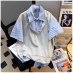 Unisex Korean Layered Striped Shirt 💙 V-Neck Sweater Vest Style Relaxed Fit Short Sleeve Top | Preppy Casual Outfit - Image 8