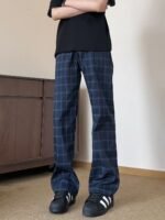 Unisex Korean Plaid Wide Leg Pants 💙 Relaxed Fit High Waist Casual Trousers | Vintage Streetwear - Image 4
