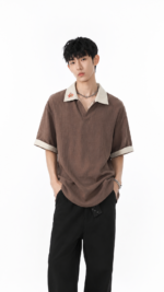 Unisex Japanese Linen Look Polo Shirt 🤎 Contrast Collar Embroidered Relaxed Fit Short Sleeve Tee | Vintage Casual Summer Top - Image 3