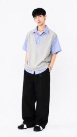 Unisex Korean Layered Striped Shirt 💙 V-Neck Sweater Vest Style Relaxed Fit Short Sleeve Top | Preppy Casual Outfit - Image 3