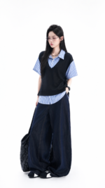 Unisex Korean Layered Striped Shirt 💙 V-Neck Sweater Vest Style Relaxed Fit Short Sleeve Top | Preppy Casual Outfit - Image 2