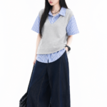Unisex Korean Layered Striped Shirt 💙 V-Neck Sweater Vest Style Relaxed Fit Short Sleeve Top | Preppy Casual Outfit