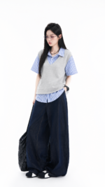 Unisex Korean Layered Striped Shirt 💙 V-Neck Sweater Vest Style Relaxed Fit Short Sleeve Top | Preppy Casual Outfit
