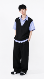 Unisex Korean Layered Striped Shirt 💙 V-Neck Sweater Vest Style Relaxed Fit Short Sleeve Top | Preppy Casual Outfit - Image 4