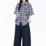 Unisex Vintage Plaid Graphic Shirt 💙 Cartoon Print Relaxed Fit Short Sleeve Button-Up | Y2K Streetwear Summer Top