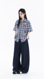 Unisex Vintage Plaid Graphic Shirt 💙 Cartoon Print Relaxed Fit Short Sleeve Button-Up | Y2K Streetwear Summer Top