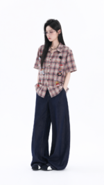 Unisex Vintage Plaid Graphic Shirt 💙 Cartoon Print Relaxed Fit Short Sleeve Button-Up | Y2K Streetwear Summer Top - Image 2