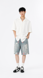 Unisex Y2K Distressed Denim Shorts 💙 Baggy Graphic Washed Jean Shorts | Vintage Streetwear Summer Bottoms - Image 2