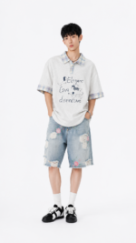 Unisex Korean Cartoon Polo T-Shirt 🐧 Plaid Collar Relaxed Fit Oversized Tee | Preppy Casual Summer Top - Image 3