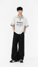 Unisex Korean Cartoon Polo T-Shirt 🐧 Plaid Collar Relaxed Fit Oversized Tee | Preppy Casual Summer Top - Image 5