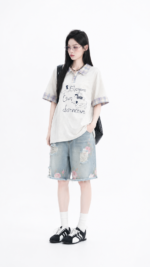 Unisex Korean Cartoon Polo T-Shirt 🐧 Plaid Collar Relaxed Fit Oversized Tee | Preppy Casual Summer Top