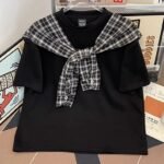 Unisex Korean Preppy Layered Scarf T-Shirt 🤍 Plaid Fake Two-Piece Oversized Tee | Casual Summer Streetwear Top - Image 8