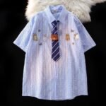 Unisex Kawaii Cat Embroidered Shirt 🤎 Cute Tie Oversized Short Sleeve | Japanese Preppy Summer Casual Top - Image 6