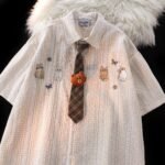 Unisex Kawaii Cat Embroidered Shirt 🤎 Cute Tie Oversized Short Sleeve | Japanese Preppy Summer Casual Top - Image 7