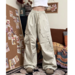 Unisex Wide Leg Cargo Pants 🤍 Relaxed Fit Drawstring Utility Trousers | Korean Casual Streetwear Bottoms - Image 6
