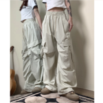 Unisex Wide Leg Cargo Pants 🤍 Relaxed Fit Drawstring Utility Trousers | Korean Casual Streetwear Bottoms - Image 8