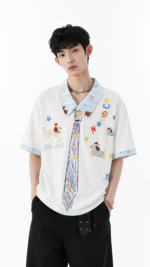 Unisex Y2K Cartoon Graphic Polo T-Shirt 🤍 Cute Tie Print Oversized Tee | Korean Casual Summer Streetwear Top - Image 5
